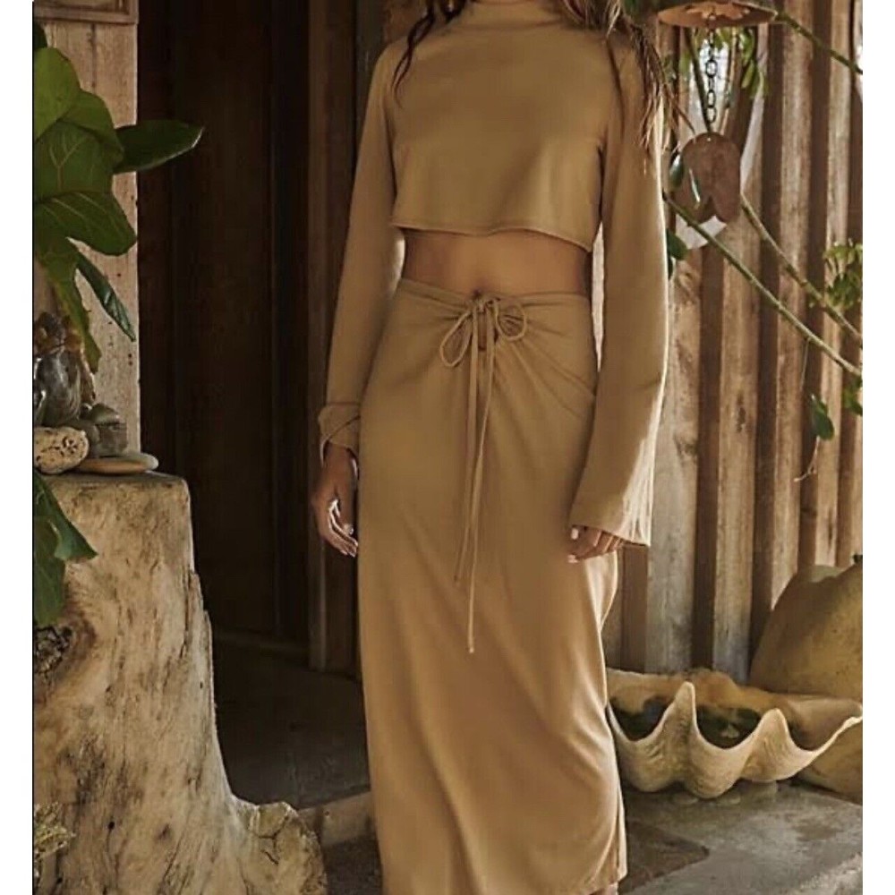 New Free People Walk This Way Skirt Set Crop Top Midi Cutout Skirt Brown Sz XL